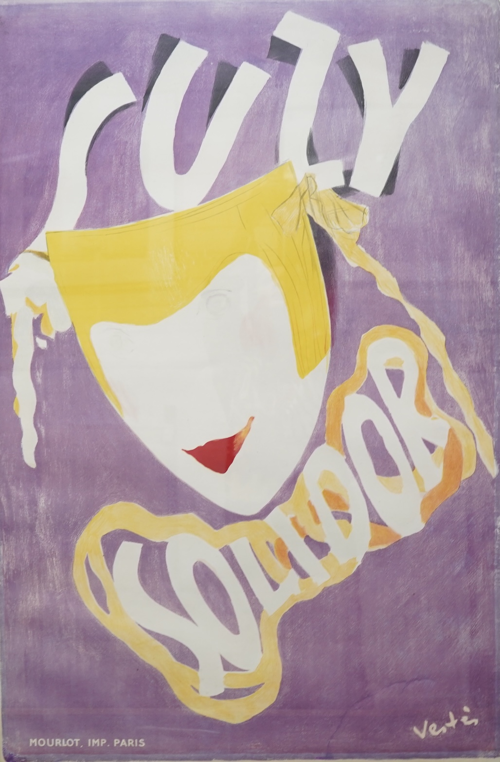 A framed poster entitled; Suzy Solidor, with credits and signature along on the lower edge; Mourlot Imp. Paris, Vestis, 117.5 x 78cm